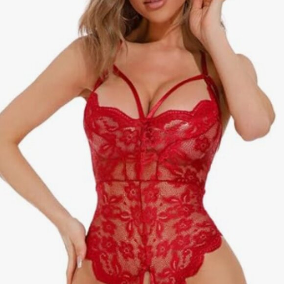 3 Wishes Other - Elegant Seductive Red Scalloped Lace Teddy Bodysuit